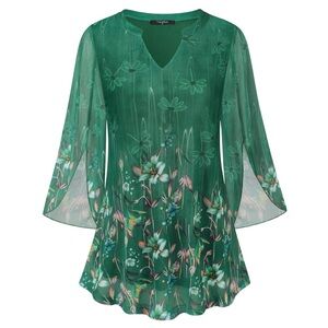 Valolia Floral Mesh Split Bell Sleeves‎ V-Neck Tunic Top Whimsical Fairy Size XL